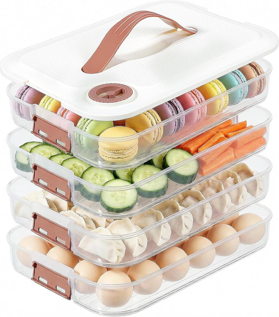 4 Layer Cookie Storage Container with Lid, Plastic Stackable Food Containers Portable Refrigerator Organizer Bin with Handle for Fruit, Meat, Dumpling, Snack Storage (White)