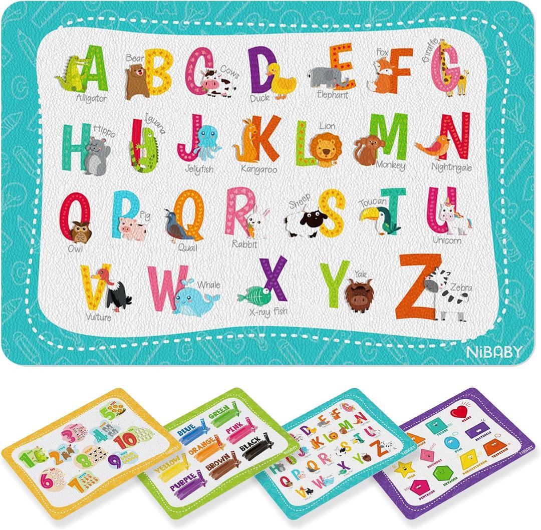 NiBaby Kids' Non Slip Educational Placemats Set of 4 Washable, Children's Interactive Placemats Foldable, Toddler Placemats for Learning Alphabet, Numbers, Shapes, Colors- Durable Reusable PU Leather
