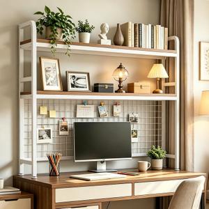Desktop Bookshelf with Pegboard, 2-Tier Desk Hutch Storage Organizer Rack, Metal Frame & Wood Board, for 27-inch Monitor, Home Office & Dorm，White,45.3" W