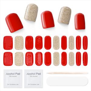 Semi Cured Gel Nail Strips| Works with Any UV/LED Lamps|20 Pcs Gel Nail Stickers| Long-Lasting Two Weeks and Easy to Apply & Remove| Red & Gold Dots