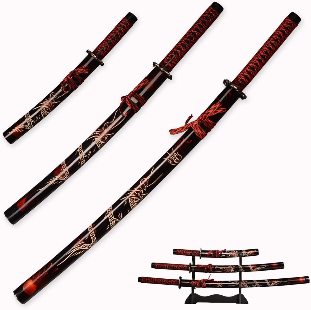 3pc Set Japanese Samurai Sword with Display Stand, Iaido Katana Carbon Steel Blade Real Sword for Display Decoration and Gift (A-Dark Red)