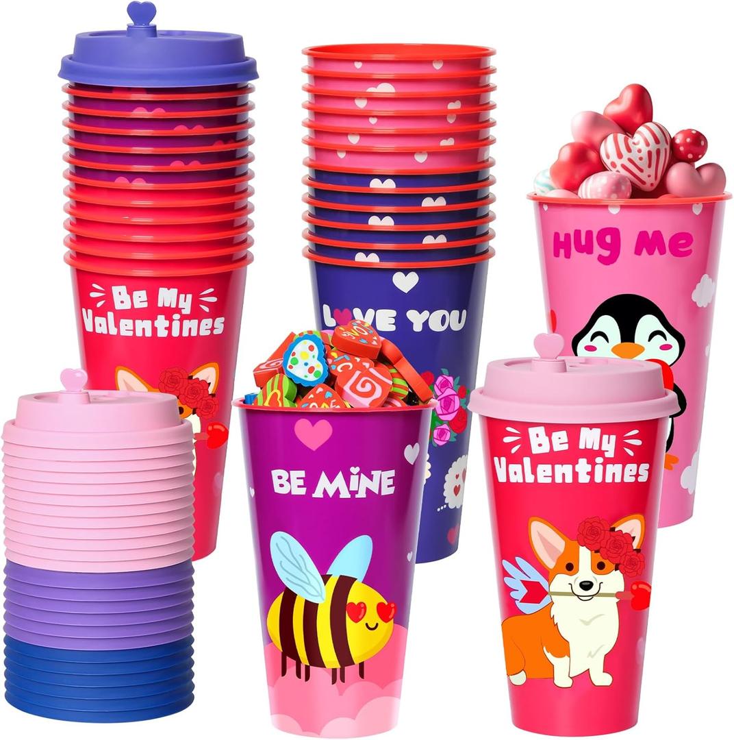 24 Pack Valentines Day Party Favors Goodie Cups 16OZ Reusable Plastic Cups with Dog Bee Sheep Penguin Patterns with Lids Plugs, Wedding Anniversary Party Supplies Decorations