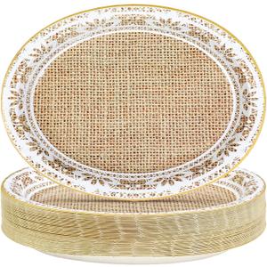 50Pcs Burlap and Lace Oval Paper Plates 10" x 12" Large Disposable Heavy Duty Brown Burlap Paper Platters White Lace Dessert Plates for Spring Rustic Bridal Shower Wedding Birthday Party Supplies