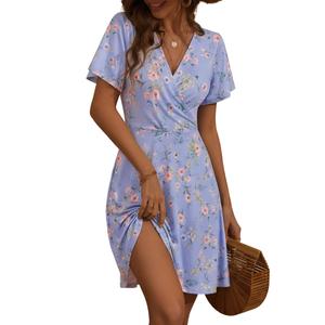 FENSACE Summer Clothes for Women Empire Waist Aline Knee Length Purple Wedding Guest Pastel Dress(Purple Pink Floral-113,Medium) (M)