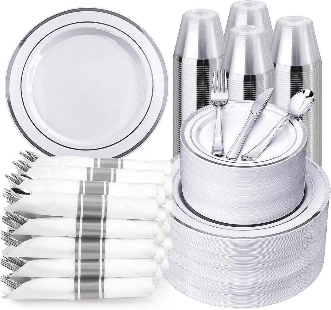 BESTVIP 700PCS Silver Plastic Dinnerware Set for 100 Guests, Disposable Plates for Party, Include: 200 Plastic Plates, 100 Pre Rolled Napkins with Silver Silverware, 100 Cups for Christmas, Halloween