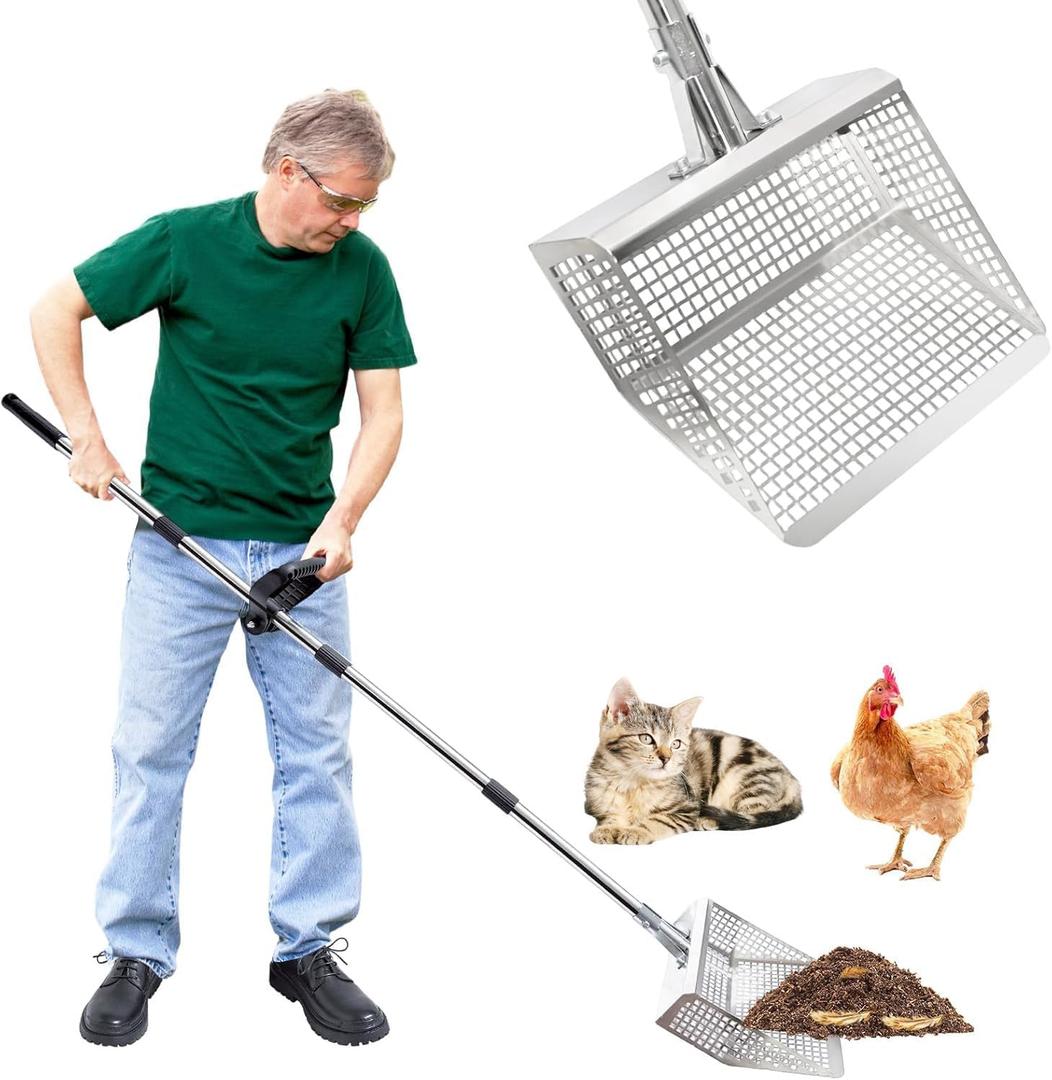 Chicken Poop Scooper 9.7 Inch Stainless Steel Sifter for Sand,Cat Litter-Chicken Coop Scooper for Sand Heavy Duty 23-62" Adjustable Sifting Shovel with Ergonomic Grip Handle for Chicken Coop Cleaning