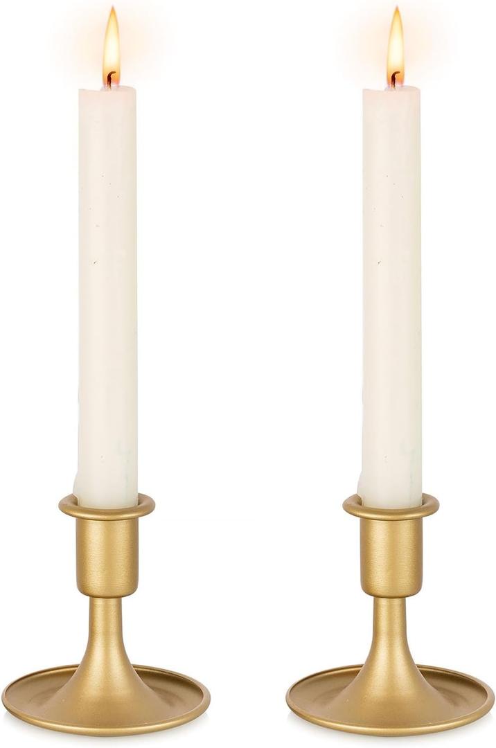 Gold Taper Candle Holder Vintage: Small Candle Sticks Holder Decor Brass Candlestick Holders for Home Dinning Table Wedding Centerpiece Holiday Party Chrismas Mantel Set of 2