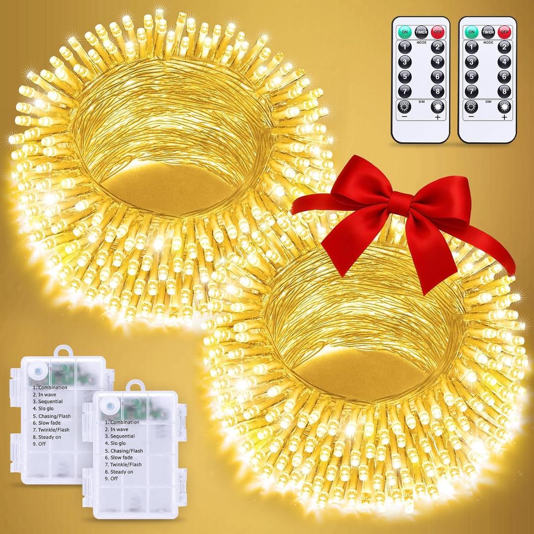 JMEXSUSS 2 Pack Outdoor String Lights Battery Operated, Total 66ft 200 LED Fairy Lights with Remote, Warm White Battery Christmas Lights for Bedroom Indoor Holiday House Tree Porch Party Yard