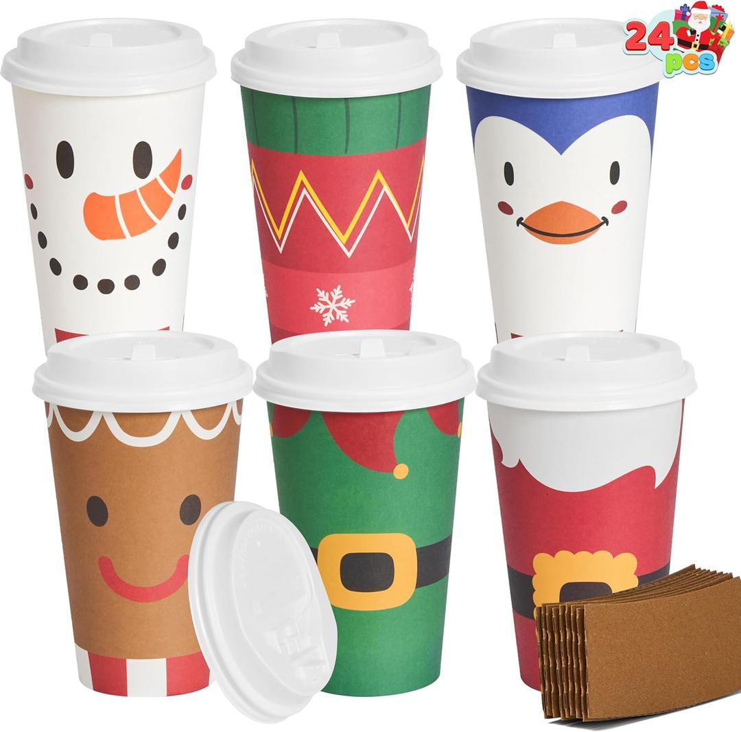 JOYIN 24 PCS Merry Christmas Disposable Paper Cups with Sleeves and Lids, 6 Designs Xmas Drinkware 16 oz, Snowflake Santa Elk Cups for Hot Coffee Cold Beverage Holiday Tableware Supplies Favors