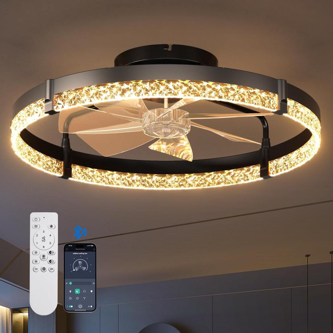 addlon Ceiling Fans with Lights and Remote, 24'' Low Profile Ceiling Fans, 3000-6000K Dimmable Modern Flush Mount LED Fan Light, Fandelier Ceiling Fan for Bedroom, Kitchen, Living Room, Black