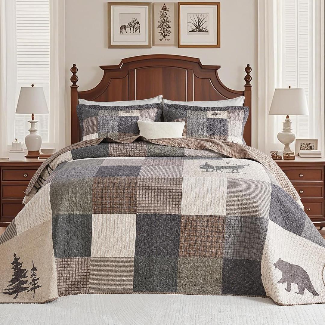 128"x120" Oversized Bedspread - 100% Cotton, Bear Deer Prints California King Extra Large Quilt, Cal King Farmhouse Cottage Plaid XL Bed Spread Lightweight Comforter, 3pcs, Brown/Green
