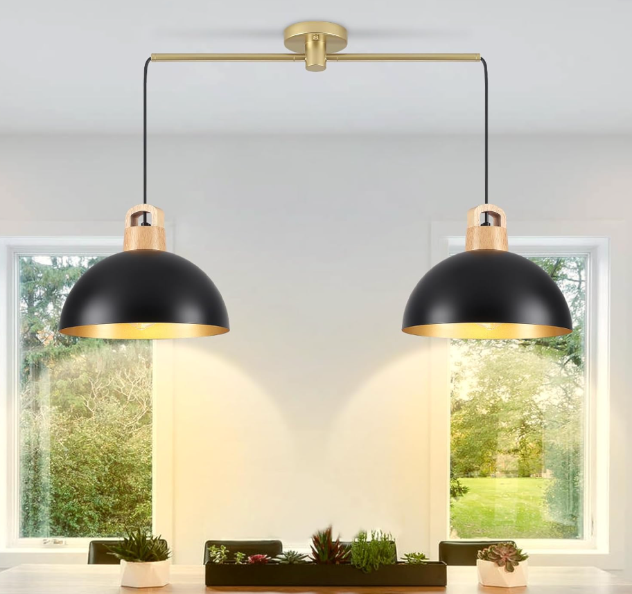 2-Light Black Pendant Light, Solid Wood Hanging Lamp with 11.8” Metal Shade, Farmhouse Pendant Light Fixtures for Kitchen Island, Dining Room, Bedroom, Office, Modern Black & Gold