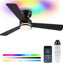Asyko 46" Black RGB Ceiling Fans with Lights and Remote,Low Profile Ceiling Fans with Quiet Reversible DC Motor,Modern Flush Mount Ceiling Fan Light for Bedroom Kids Room