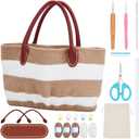 ORIGACH DIY Crochet Handbag Kit for Beginners, Khaki Striped Crochet Bag with PU Leather Band and Base, Complete Crochet Set to Make a Bag, Include Yarn, Crochet Hooks, Markers and Instruction