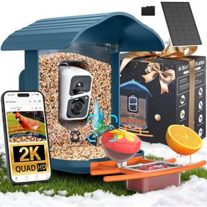 Birdsnap PAV-Bird Feeder with Camera,2K HD with 64GB Card, AI Identify Smart Bird House Cam Solar Panel,Live Stream,Motion Detection,Auto Record Video for Backyard Outdoors,Ideal Gift for Bird Lover (Blue)
