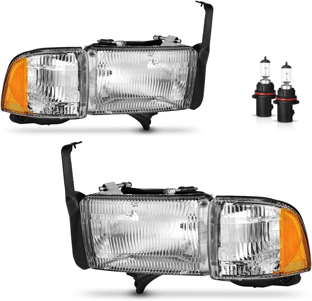 Headlights for 1994-2001 Dodge Ram 1500 2500 3500/1994-2002 Ram 2500 3500 with Corner Parking Turn Signal Marker Lights, High/Low Beam W/Bulbs