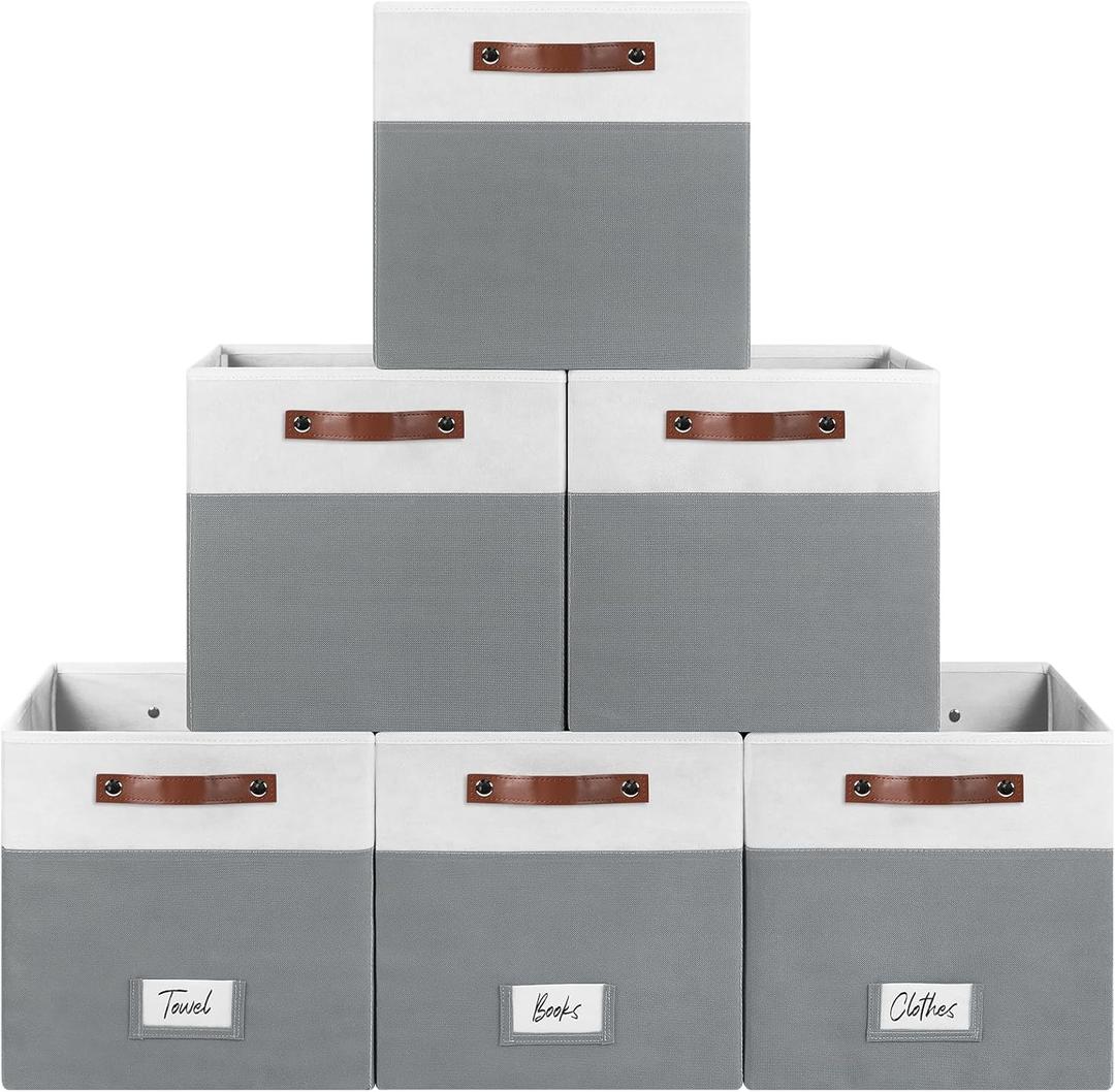 FinishingBo 6-Pack Storage Cubes with Handles & Label Holders Basket, Closet Cube Home Organizer Bins(White/Dark Grey, 13 x 13 x 13 inch)