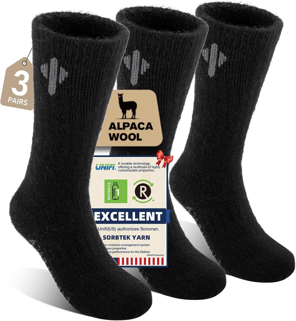 Alpaca Socks for Men and Women, Heavyweight Thermal Thick Warm Alpaca Wool Boot Sock for Hunting, Hiking, Moisture Wicking (Large, (3pairs)-black)