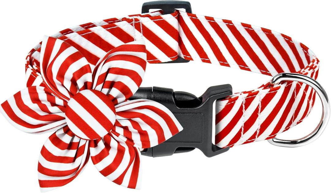 Malier Christmas Dog Collar with Flower, Red Dog Christmas Collar with Buckle Adjustable Cotton Collar for Small Medium Large Dogs Puppy (Red Stripe, Large)