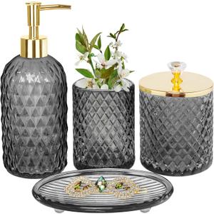 Haturi Gray Glass Bathroom Accessories Set, 4-Piece - Lotion Soap Dispenser, Toothbrush Holder, Cotton Swab Jar & Soap Dish  Elegant Gold Accent for Countertop & Housewarming Gift