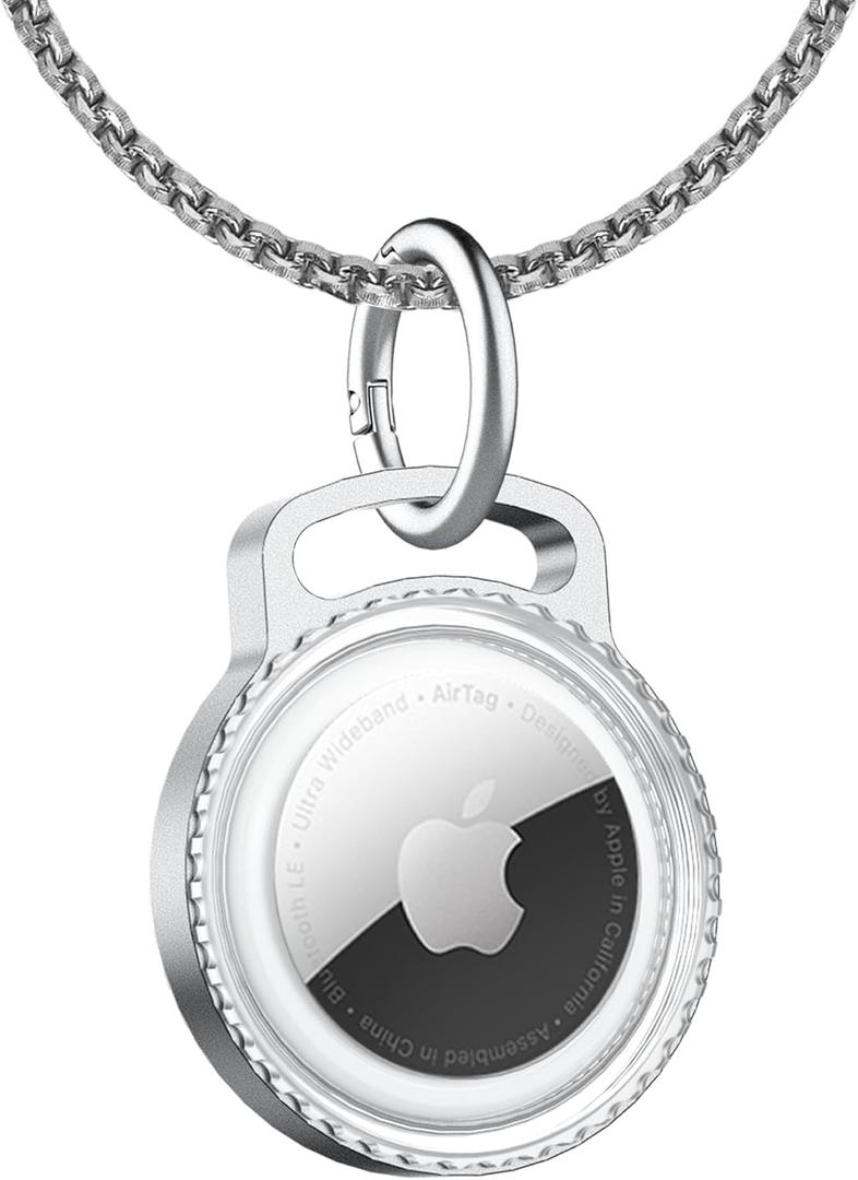 SCALLOP Air tag Neck lace, Titanium Aluminum Metal Air tag Neck lace,Adjustable 75cm Alloy Chain, Waterproof Hard Light Transparent PC for Apple Air tag (Silver)