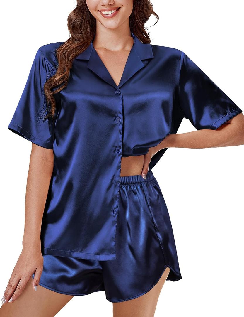 Ekouaer Silk Pajama Sets Womens Short Sleeve Sleepwear Satin 2 Piece Button Down Loungewear Pjs Shorts Set (Navy, S)