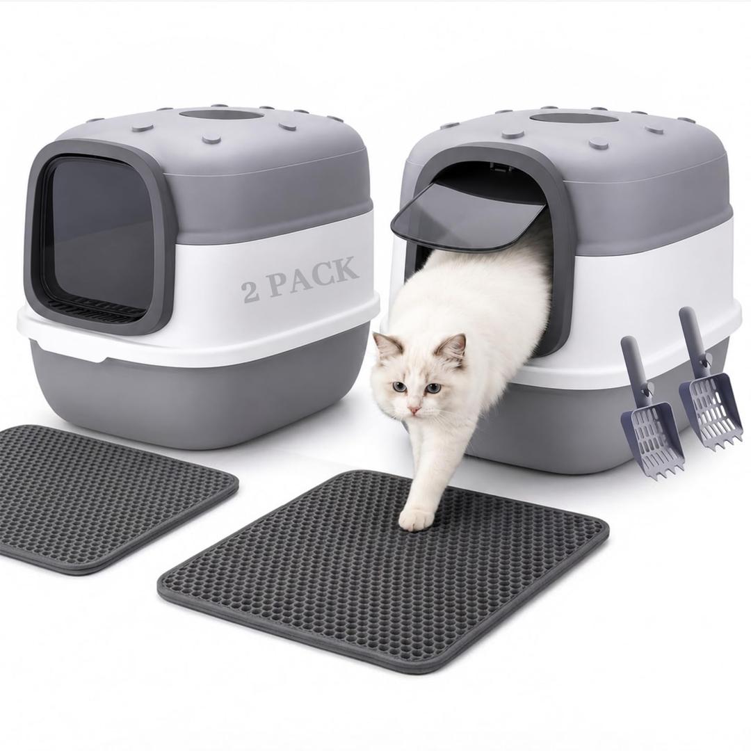 Enclosed Kitty Litter Box, 2 Pack Grey Cat Box with Lid, Mat & Scoop