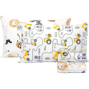 Salt Earth 100% Cotton 210TC Kids Bedsheet, Twin Sheet Set, Toddler Bed, 4-Piece Set  2 Fitted Sheets & 2 Pillowcases, Themed Toddler Bed Sheets, Cute Kids Bedding (Jungle Safari/Tractor)