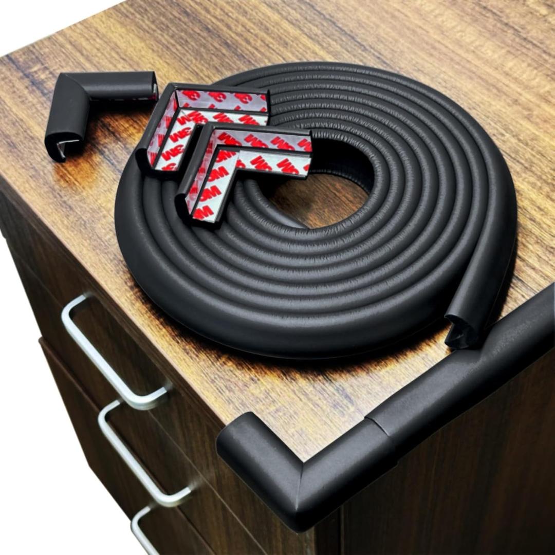 Foam Baby Proof Corners and Edges, Corner Protector Baby(12ft Edge+4corners) Adhesive for Table, Furniture, Cut to Any Size, Easy Install and Remove on Wood Metal Glass (Black)
