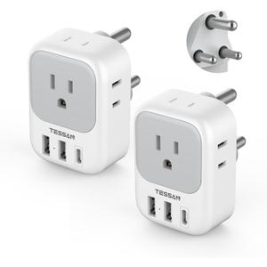 South Africa Plug Adapter 2 Pack, TESSAN Type M Power Adapter with 4 AC Outlets 3 USB Ports(1 USB C), Travel Adaptor US to Botswana Namibia Nepal Bhutan