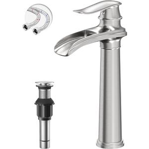 Vessel Sink Faucet Brushed Nickel, 12 Inch Waterfall Bathroom Faucet Single Hole with Pop Up Drain Assembly and Supply Hoses, Single Handle Tall Bathroom Faucets Lavatory Vanity Mixer Tap Brass Body
