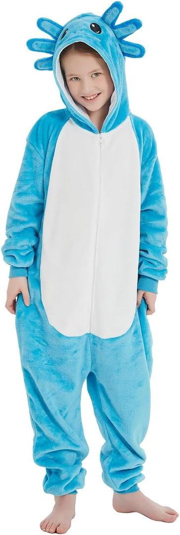 ABENCA Kids Onesie Animal Girls Costume One Piece Pajamas Sleepwear Cosplay Halloween Christmas (8-9 Years, Blue Axolotl)
