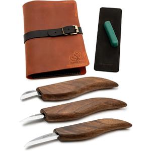 BeaverCraft Wood Carving Knife Set Deluxe S15X - Wood Carving Kit with Detail Chip Knife, Sloyd Roughing Whittling Knives & Leather Strop - Whittling Tools Set with Leather Case for Carvers