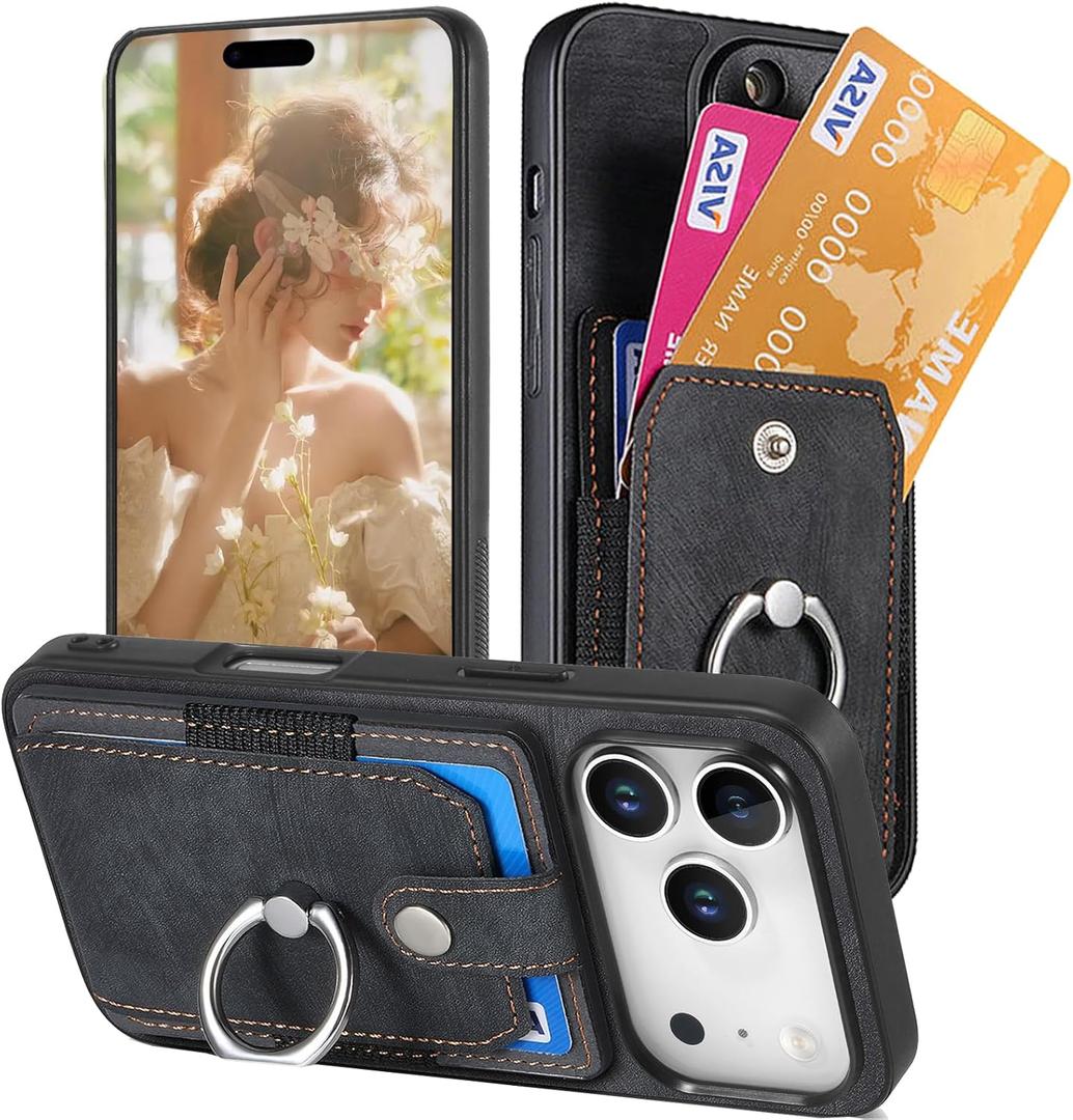 for Apple iPhone 17 Pro Max Wallet Case with Card Slots & 360 Ring Kickstand, Magnetic Closure Slim PU Leather Shockproof Protective Cover for iPhone 17 Pro Max SJZ Black