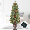 Gfialy 4ft Porch Christmas Tree,Mixed Pine Potted Christmas Tree for Front Porch with Berry Clusters and 100 Clear LED Lights Decorations OutdoorBattery Box
