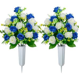 XONOR Artificial Cemetery Flowers, Set of 2 Artificial Rose Bouquet Graveyard Memorial Flowers with Vase for Cemetery Headstones Decoration (Dark Blue&White-2Pcs)