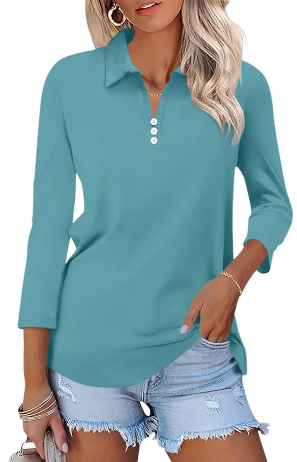 Womens Tops 3/4 Sleeve Polo Shirts Business Casual V Neck Collared Shirts Basic Tees Blouse, M