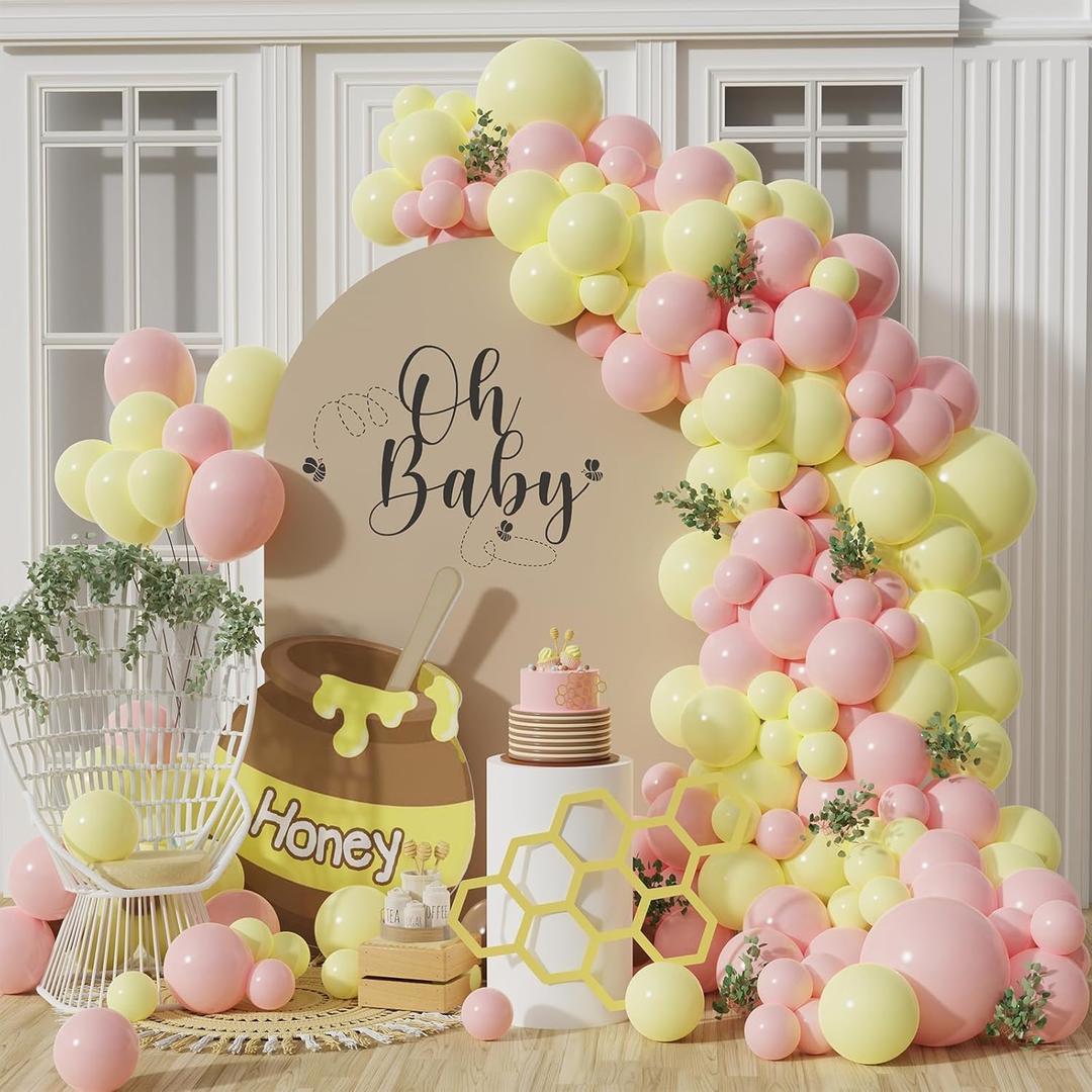 Pastel Pink Yellow Balloon Garland Arch Kit 143PCS Macaron Pink and Yellow Balloon Arch Kit for Honey Bear Baby Shower Princess Birthday Wedding Party Decorations