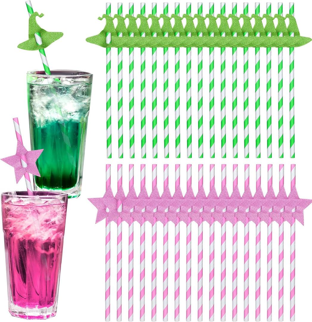 100 Pcs Pink and Green Disposable Straws for Princess and Wizard Witch Party Paper Straws Bulk Holiday BFF Enchanted Musical Birthday Themed Party Supplies