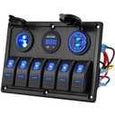 Kohree 6 Gang Marine Boat Rocker Switch Panel Waterproof + USB Switch, 12 Volt RV Led Switch Panel for Marine Boat Car Truck, Digital Voltmeter Display QC3.0 Dual USB Charger Port DC 12V Socket 12/24V
