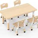 HLPB Kids Table and 4 Chairs Set, Adjustable Height, Graffiti Desktop, Non-Slip Legs, 47.2''L x 23.6''W Toddler Multi-Activity Table for Ages 2-8, Max 300lbs, for Daycare, Classroom, Home