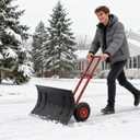 Garvee 29" Snow Pusher Shovel with Wheels,Heavy Duty Steel Snow Shovel with Wheels,Angled Blade Efficient Snow Removal With5-Position Angled Blade & Adjustable Handle for Doorway, Sidewalk, Black&Red