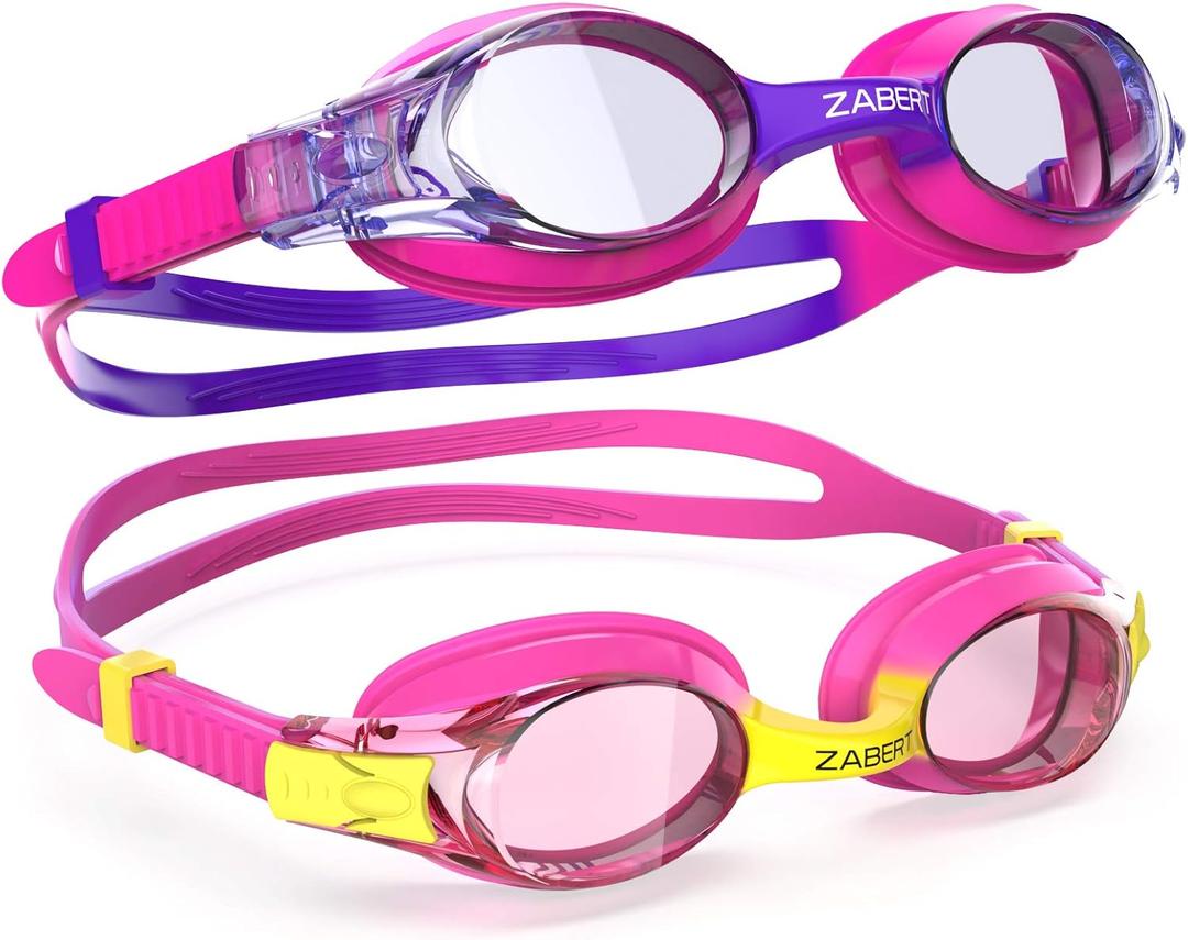 ZABERT 2 Pack Girls Swim Goggles, Swimming Goggles for Girl Kids Toddler Youth Junior Children Child Age 3 4 5 6 7 8 9 10 11 12 Years Anti Fog Pink Yellow Purple Clear