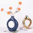 LCCCK Blue and Gold Ceramic Vases for Home Decor, Boho Vase for Flowers Pampas Grass Decorative, Navy Blue Hollow Donut Small Vase for Living Room Table Wedding Centerpiece Modern Vases, 6.7"L x 2"W x 8.6"H