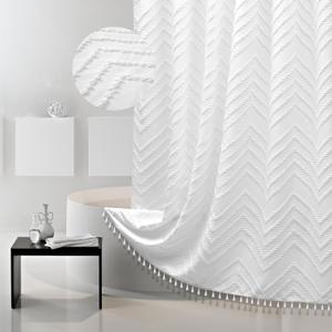 Boho Shower Curtain White Tassel Woven Fabric Shower Curtain Modern Farmhouse Textured Tufted Chevron Striped Minimalist Bathroom Hotel 72 x 72 Inch White