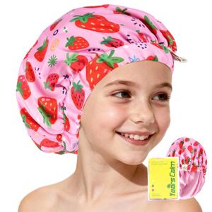 Years calm Satin Lined Shower Cap for Kids, Waterproof Kids Shower Cap with Soft Hair Protection & Wide Elastic Band, Reusable Shower Hat for Kids Ages 310 (Red, One Size)