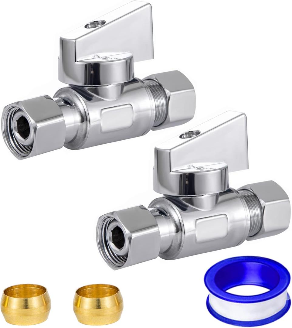reezliy 2 Pack Chrome Brass 3/8" Comp FIP x 3/8 Inch Compression MIP Quarter Turn Water Straight Angle Stop (Add on) Valve for sink or toilet,water supply