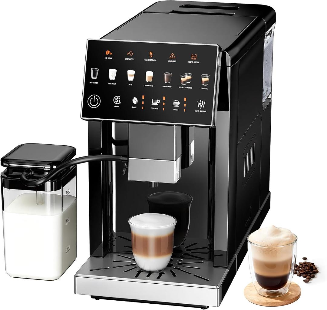 Fully Automatic Espresso Machine, 19 Bar Coffee Maker with Integrated Grinder, Touch Screen Espresso Machine with 15 Grind Settings, Self-Cleaning Coffee Maker for Latte, Cappuccino (Black) 