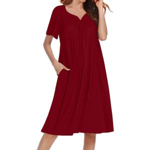 Ekouaer Nightgowns for Women Short Sleeve House Dress with Pockets Soft Moomoo Pleated Mumu Dresses V Neck Sleepwear (Medium, Red)