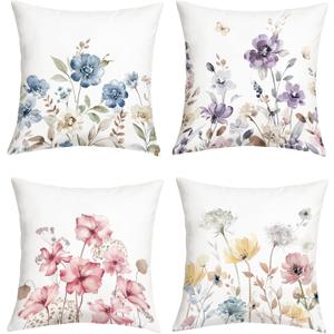 Spring Summer Watercolor Blue Floral Throw Pillow Covers 18x18 Inch Set of 4 Purple Garden Flowers Farmhouse Cushion Covers Home Decor for Couch Cushion Cases